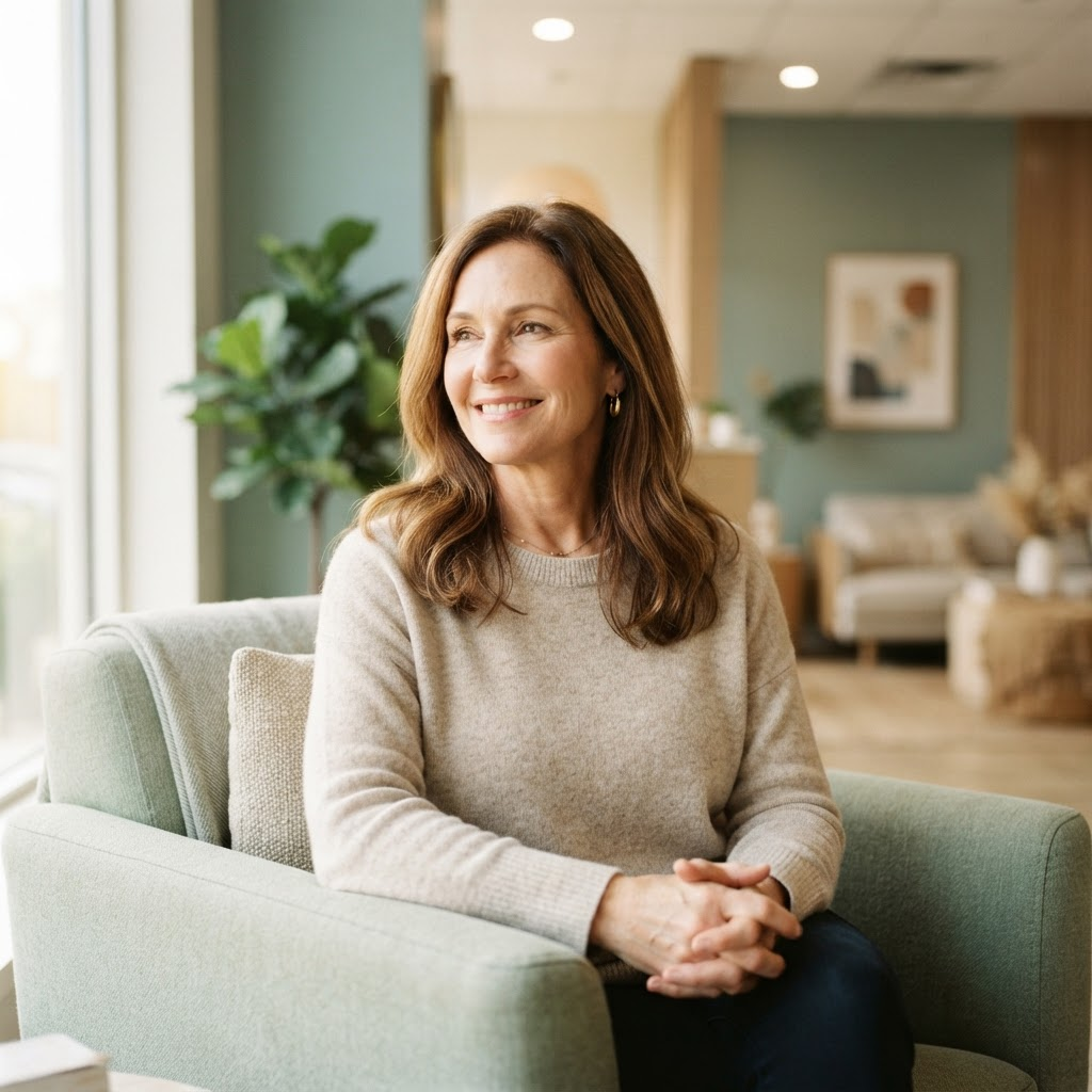 Woman resting comfortably and at ease in a bright modern wellness clinic