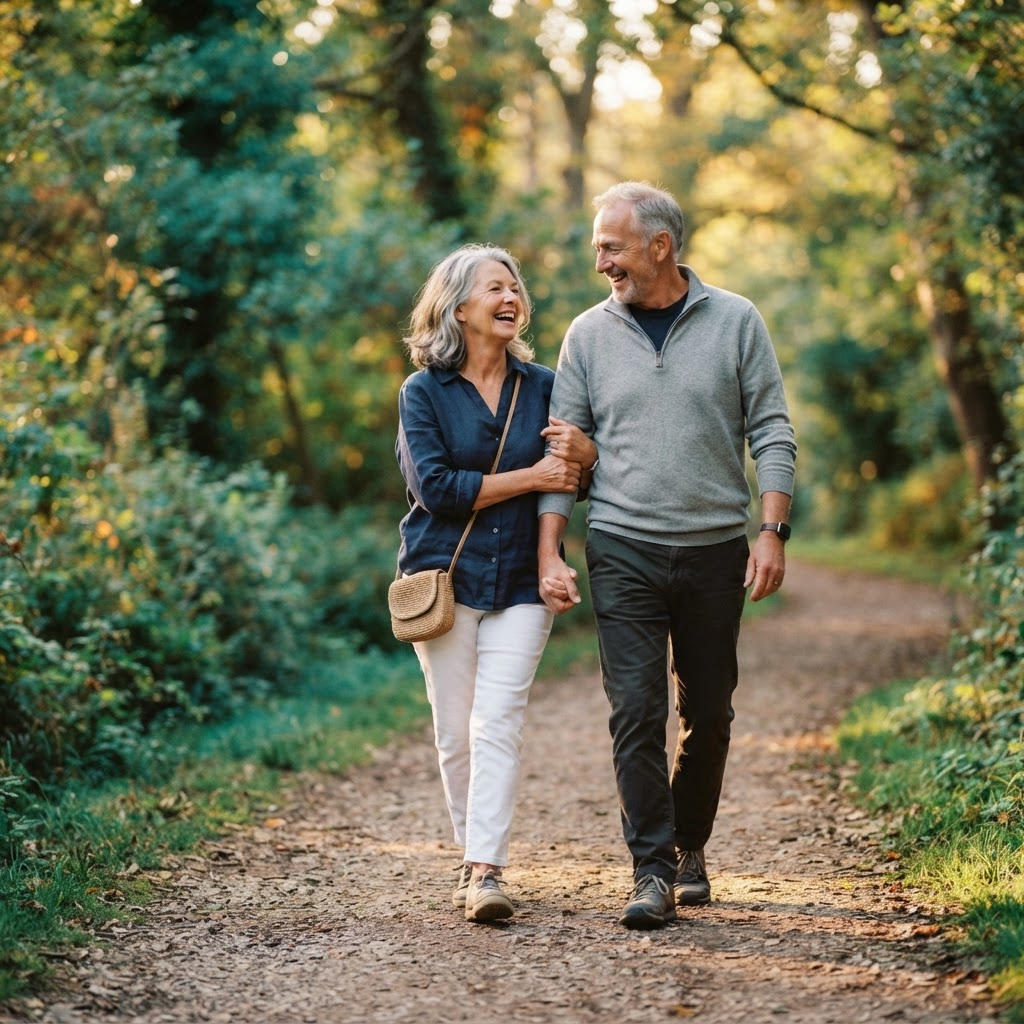 Active older couple walking confidently outdoors together
