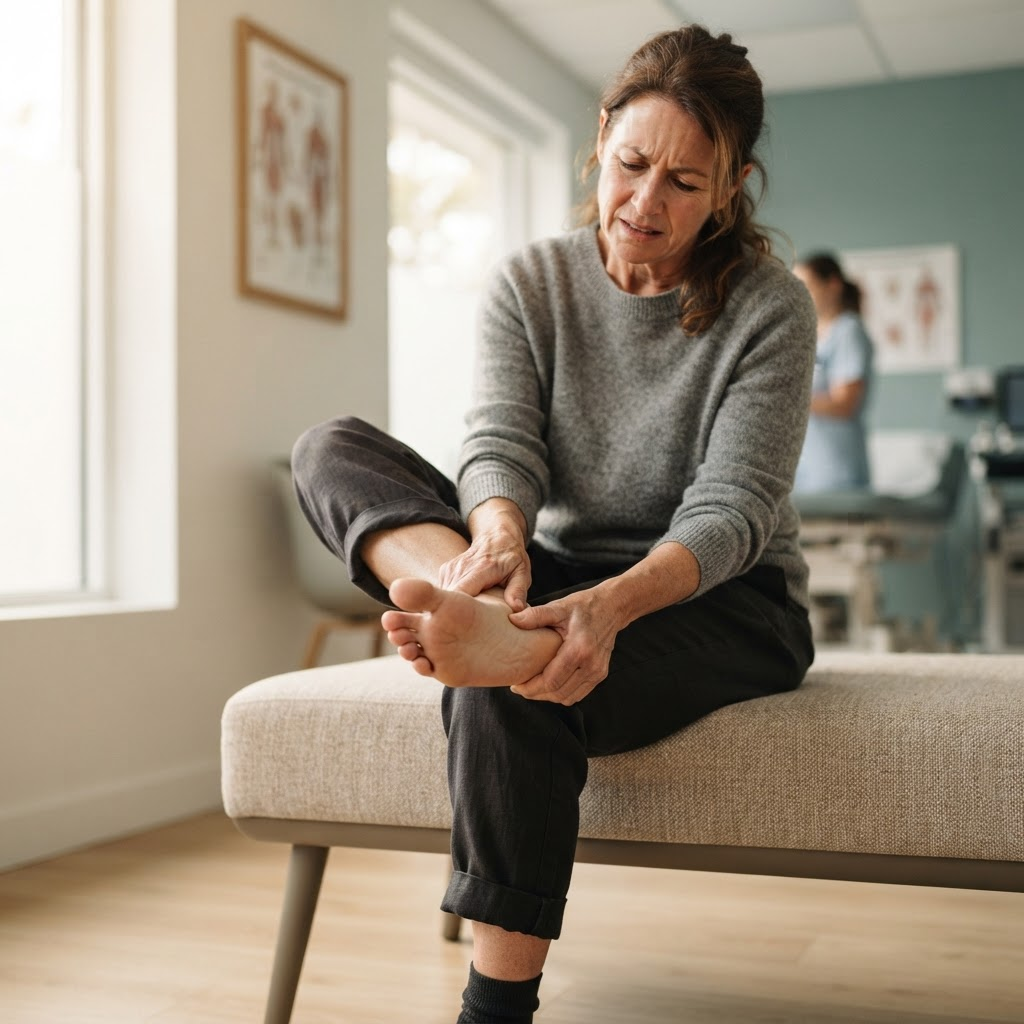 Person holding the heel of their bare foot due to plantar fasciitis heel pain